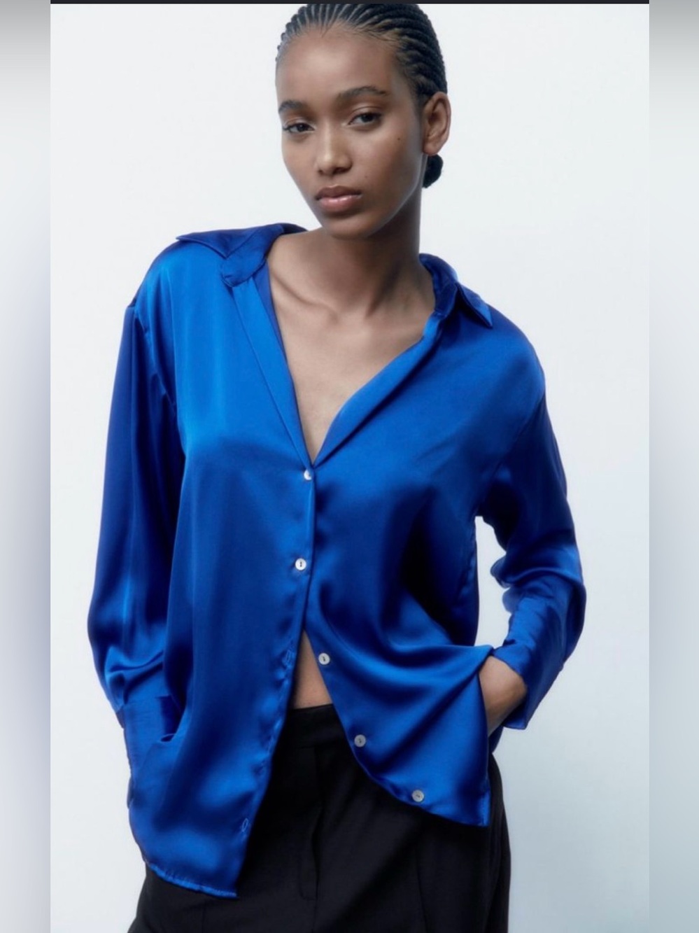 Zara Cobalt Blue Satin Oversized Button Up Shirt XL